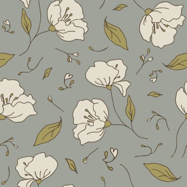 Gri arka planda beyaz çiçekli kusursuz vektör deseni. El yapımı, çiçekli duvar kağıdı tasarımı. Romantik çiçek açan moda tekstili.