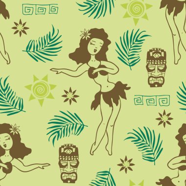 Yeşil arka planda Hawaii tatil kızı olan kusursuz bir vektör modeli. Basit bir tropik duvar kağıdı tasarımı. Egzotik yaz tekstili.