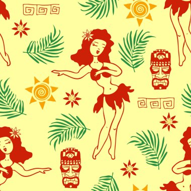 Hawaii dansçısı kızın sarı arka planda olduğu kusursuz vektör deseni. Palmiyeli tropik tatil duvar kâğıdı tasarımı. Mutlu yaz cenneti moda tekstili. 