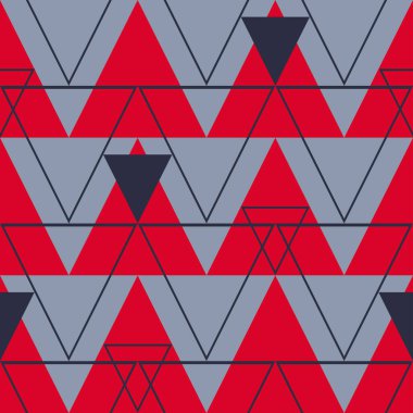 Kırmızı zemin üzerinde üçgenler olan kusursuz vektör deseni. Geometrik doku duvar kağıdı tasarımı. Modern moda tekstil.