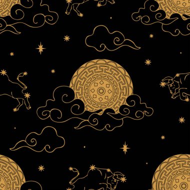 Siyah arka planda altın zodyak uydusu olan kusursuz vektör deseni. Astroloji gökyüzü duvar kağıdı tasarımı. Taurus yıldız falı tekstili.