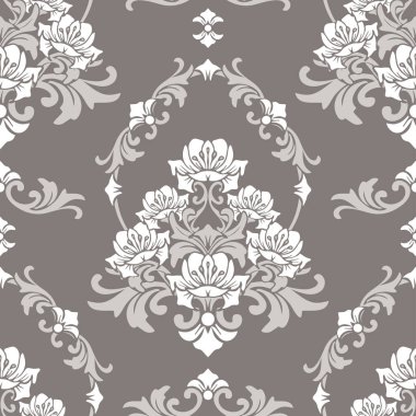 Gri arkaplandaki kusursuz rokoko tarzı çiçek. Romantik klasik çiçek desenli duvar kâğıdı tasarımı. Lüks barok moda tekstil.