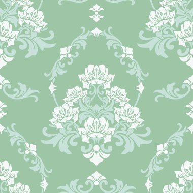 Yeşil arka planda romantik beyaz zambaklar olan kusursuz vektör deseni. Rokoko damaske çiçekli duvar kağıdı tasarımı. Viktorya tarzı tekstil.