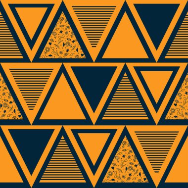 Sarı arkaplanda desenli üçgenleri olan kusursuz vektör deseni. Modern geometrik duvar kağıdı tasarımı. Sanatsal dekoratif moda tekstili.