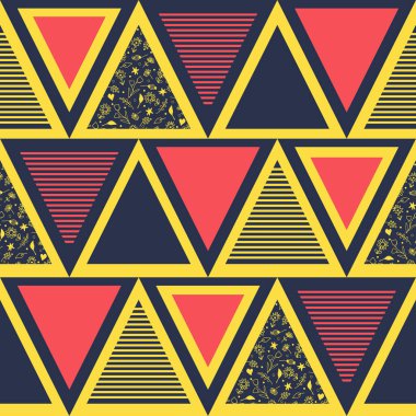 Parlak sarı arkaplanda desenli üçgenleri olan kusursuz vektör deseni. Geometrik boho duvar kağıdı tasarımı. Modern deco moda tekstili.