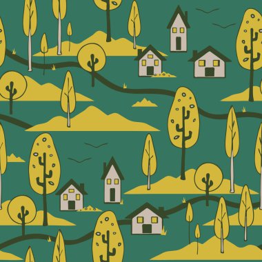 Yeşil arka planda kır evi olan kusursuz vektör deseni. Kırsal manzara duvar kâğıdı tasarımı, deniz mavisi yeşili. Dekoratif köy moda tekstili.