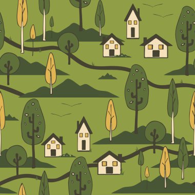 Yeşil zemin üzerinde ağaçlar ve kır evi olan kusursuz vektör deseni. Basit ev dekorasyonu duvar kağıdı tasarımı. Mutlu köy moda tekstili.