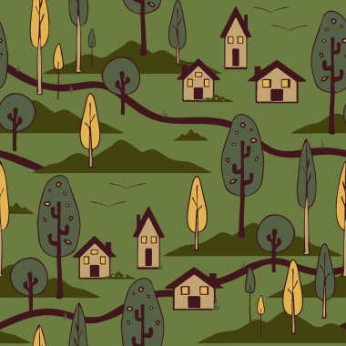 Yeşil arka planda kusursuz vektör desenli ev manzarası. Basit bir duvar kağıdı tasarımı. Dekoratif kırsal köy moda tekstili.