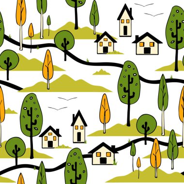 Seamless vector pattern with countryside home on white background. Rural landscape wallpaper design. Decorative forest fashion textile.