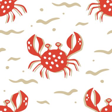 Beyaz zemin üzerinde kırmızı yengeç olan kusursuz vektör deseni. Basit bir deniz hayatı duvar kağıdı tasarımı. Dekoratif su altı moda tekstili.