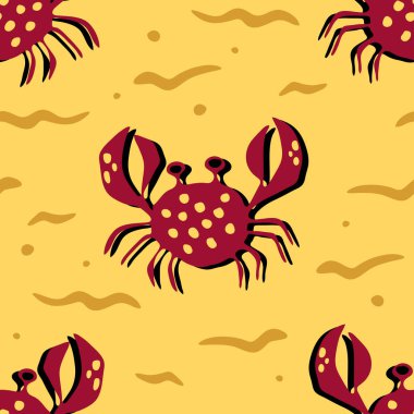 Sarı arka planda yengeçleri olan kusursuz vektör deseni. Tropik kum duvar kağıdı tasarımı. Deniz yaşamı moda tekstili.