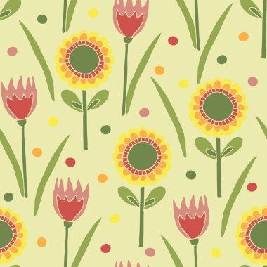 Yeşil arka planda elle çizilmiş çiçekli kusursuz vektör deseni. Şirin bir bahçe duvar kağıdı tasarımı. Ayçiçeği ve laleler moda tekstil.