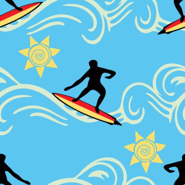 Mavi arka planda sörfçü silueti olan kusursuz bir vektör deseni. Mutlu yaz sporu duvar kağıdı tasarımları. Yaşam tarzı tekstil.