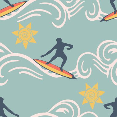Pastel mavi arka planda sörfçü silueti olan kusursuz bir vektör deseni. Basit bir duvar kağıdı tasarımı. Mutlu spor tekstili.