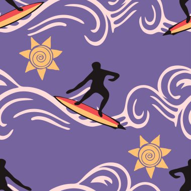 Mor arka planda sörfçü silueti olan kusursuz bir vektör deseni. Yaz sporu duvar kağıdı tasarımı. Mutlu yaşam tarzı tekstil.