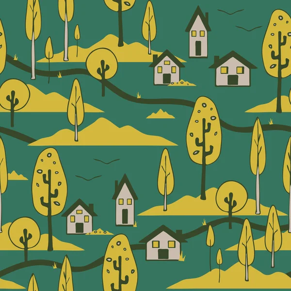 Yeşil arka planda kır evi olan kusursuz vektör deseni. Kırsal manzara duvar kâğıdı tasarımı, deniz mavisi yeşili. Dekoratif köy moda tekstili.