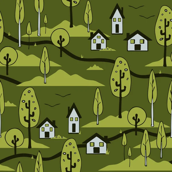 Yeşil arka planda köy ile kusursuz vektör deseni. Kırsal manzara duvar kağıdı tasarımı. Mutlu ev modası tekstil.