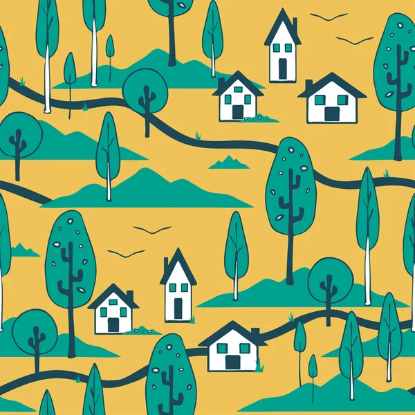 Sarı zemin üzerinde evler ve ağaçlar olan kusursuz vektör deseni. Kır manzarası duvar kağıdı tasarımı. Dekoratif kırsal moda tekstili.