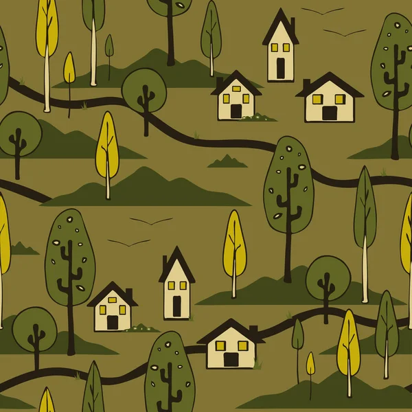 Kahverengi arka planda ev manzarası olan kusursuz vektör deseni. Duvar kağıdı tasarımın kutlu olsun. Dekoratif kırsal orman tekstili.
