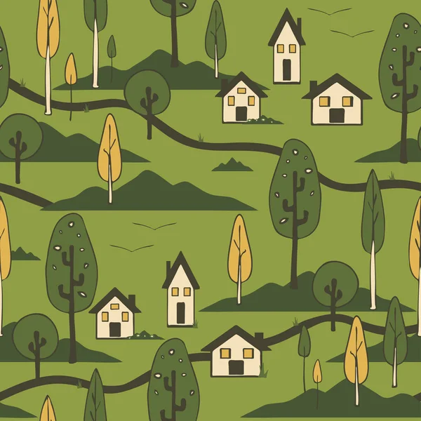 Yeşil zemin üzerinde ağaçlar ve kır evi olan kusursuz vektör deseni. Basit ev dekorasyonu duvar kağıdı tasarımı. Mutlu köy moda tekstili.