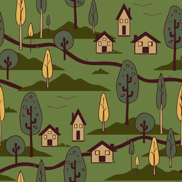 Yeşil arka planda kusursuz vektör desenli ev manzarası. Basit bir duvar kağıdı tasarımı. Dekoratif kırsal köy moda tekstili.