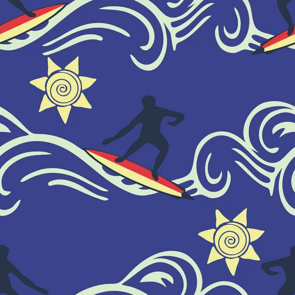 Koyu mavi arka planda sörfçü olan kusursuz vektör deseni. Basit bir yaşam tarzı spor duvar kağıdı tasarımı. Yaz tatili moda tekstili.