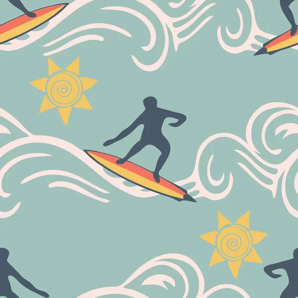 Pastel mavi arka planda sörfçü silueti olan kusursuz bir vektör deseni. Basit bir duvar kağıdı tasarımı. Mutlu spor tekstili.