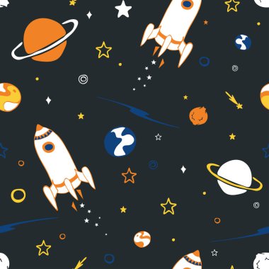Gri arkaplan üzerinde uzay aracı ve gezegenler olan kusursuz vektör deseni. Çocuklar için basit bir uzay yolculuğu duvar kağıdı tasarımı. Dekoratif astronomi moda tekstili.
