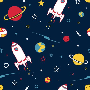 Koyu mavi arka planda uzay gemisi olan kusursuz vektör deseni. Çocuklar için el çizimi duvar kağıdı tasarımı. Çizgi film galaksisi moda tekstili.
