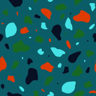 Mavi arka planda terrazzo desenli kusursuz vektör deseni. Neon renkli basit mozaik şebeke duvar kağıdı tasarımı. Dekoratif sanatsal moda tekstili.