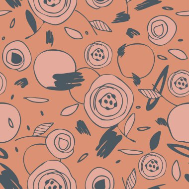 Pembe arka planda çizim çiçekleri olan kusursuz vektör deseni. Soyut çiçek desenli duvar kağıdı tasarımı. Dekoratif pastel gül moda tekstili.