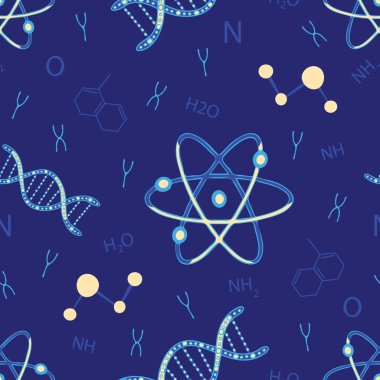 Mor zemin üzerinde DNA ve atomlar olan kusursuz vektör deseni. Çocuklar için eğlenceli bir kimya duvar kağıdı tasarımı. Dekoratif bilim moda tekstili.