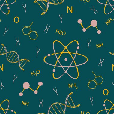 Yeşil zemin üzerinde DNA ve atom olan kusursuz vektör deseni. Basit bir kimya duvar kağıdı tasarımı. Dekoratif bilimsel moda tekstili.