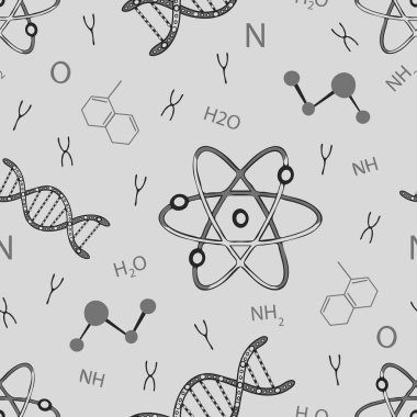 Gri arka planda DNA ve atomları olan kusursuz vektör deseni. Basit bir el çizimi duvar kağıdı tasarımı. Dekoratif bilim moda tekstili.