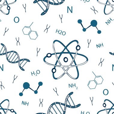 Beyaz zemin üzerinde atomlar ve DNA olan kusursuz vektör deseni. Çocuklar için basit bir bilim duvar kağıdı tasarımı. Dekoratif kimya moda tekstili.