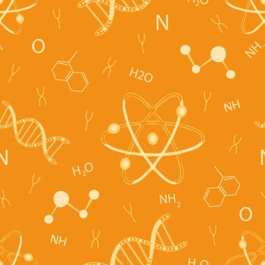 Sarı zemin üzerinde DNA ve atom olan kusursuz vektör deseni. Kimya öğrencisi duvar kağıdı tasarımı. Dekoratif bilim moda tekstili.