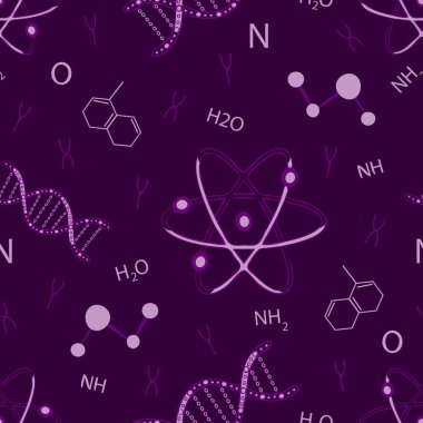 Mor zemin üzerinde DNA ve atomlar olan kusursuz vektör deseni. Basit bir bilimsel duvar kağıdı tasarımı. Dekoratif kimya moda tekstili.