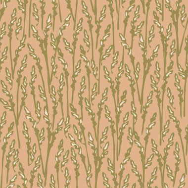 Pembe arka planda çavdar çayırı desenli kusursuz vektör deseni. Dekoratif çim duvar kağıdı tasarımı. Doğa bitkisi moda tekstil.