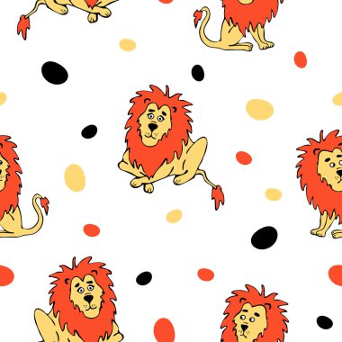 Beyaz arka planda elle çizilmiş aslanlı kusursuz vektör deseni. Çocuklar için basit bir hayvan duvar kağıdı tasarımı. Dekoratif hayvanat bahçesi moda tekstili.