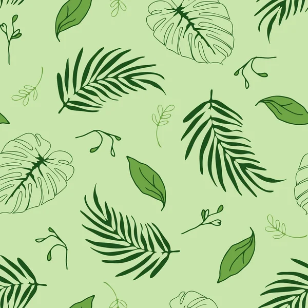 Nahtloses Vektormuster Mit Tropischen Blättern Auf Grünem Hintergrund Einfache Sommer — Stockvektor