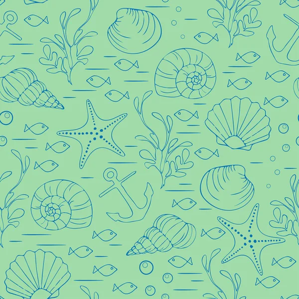 无缝隙的矢量图案 绿色背景上的海贝壳轮廓 简单的水下壁纸设计 装饰水上时尚纺织品 — 图库矢量图片