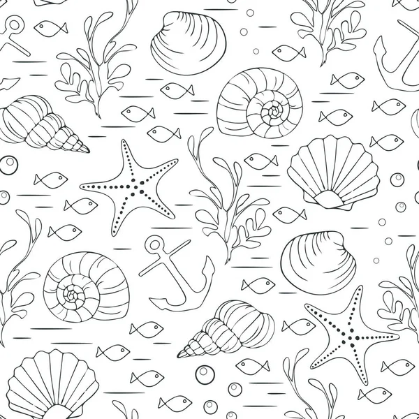 在白色背景上有水下贝壳的无缝隙矢量图案 简单手绘热带海墙纸设计 装饰海滩时尚纺织品 — 图库矢量图片