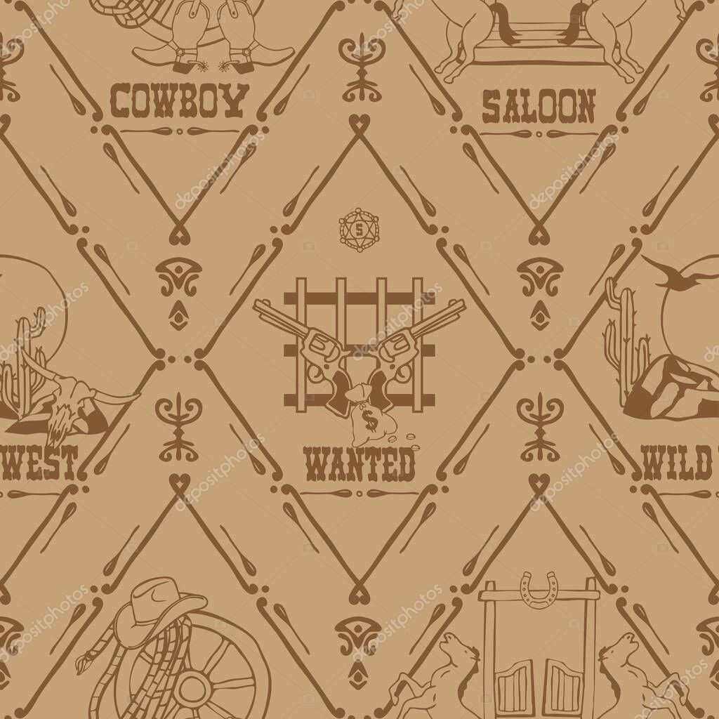 Seamless vector pattern with wild west symbols on brown background. Vintage western wallpaper design. Decorative logo fashion textile.