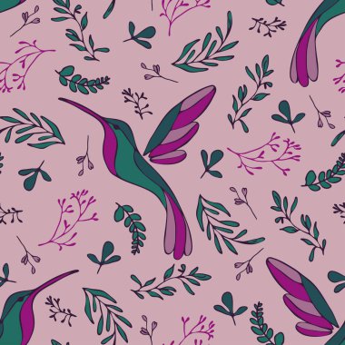 Pembe arka planda sinekkuşları olan kusursuz vektör deseni. Basit romantik duvar kağıdı tasarımı. Dekoratif kuş desenli tekstil.