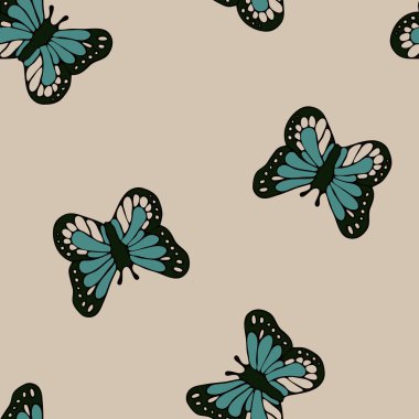 Krem beyazı arka planda güzel kelebekleri olan kusursuz bir vektör deseni. Basit bir el yazısı duvar kağıdı tasarımı. Dekoratif eski moda tekstil.