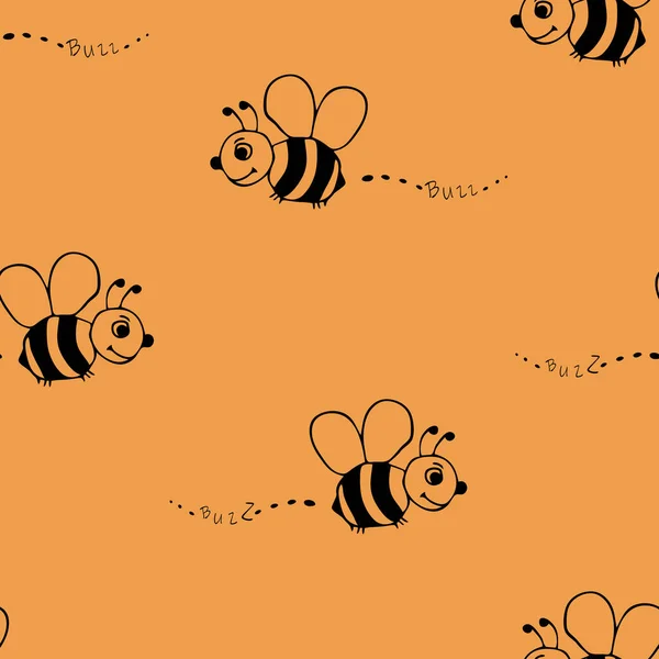 Seamless Vector Pattern Bees Yellow Background Simple Hand Drawn Bumblebee — Stock Vector