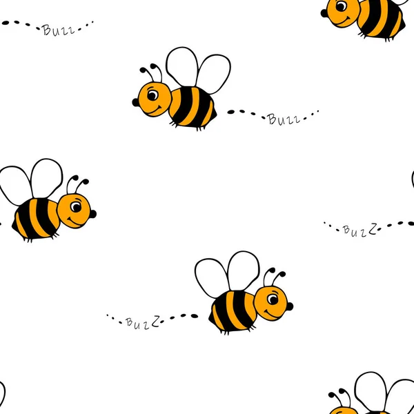 白い背景にかわいい蜂とシームレスベクトルパターン シンプルな手描きのバンブルビー壁紙デザイン 楽しい漫画ファッション繊維 — ストックベクタ