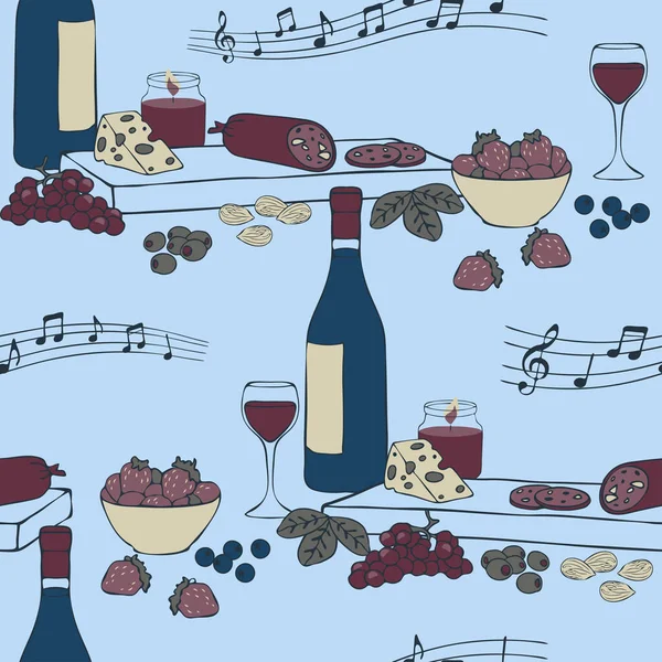 Seamless vector pattern with platter of food and wine on blue background. Simple relax wallpaper design. Decorative snack fashion textile.