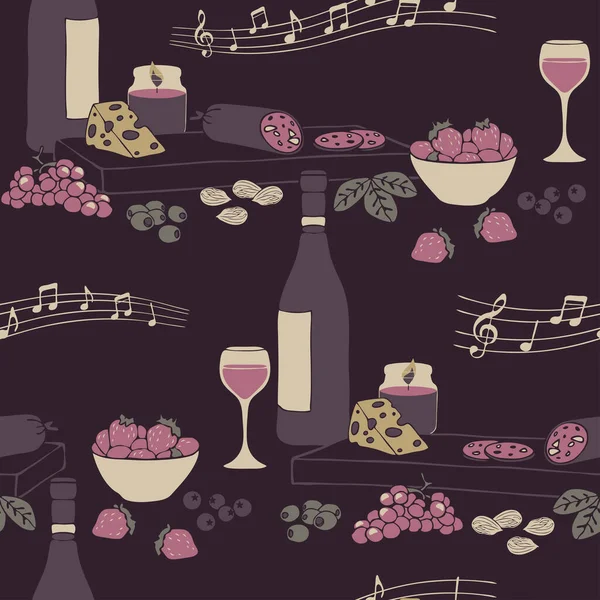 Seamless vector pattern with food and drink on purple background. Decorative kitchen party wallpaper design. Good wine fashion textile.