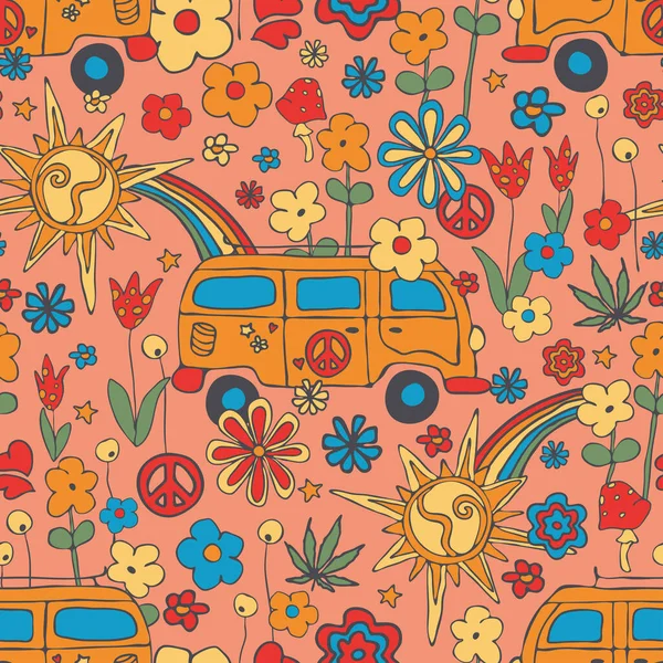 Απρόσκοπτη Διανυσματικό Μοτίβο Χαρούμενο Καλοκαιρινό Λιβάδι Ροζ Φόντο Πολύχρωμο Floral — Διανυσματικό Αρχείο